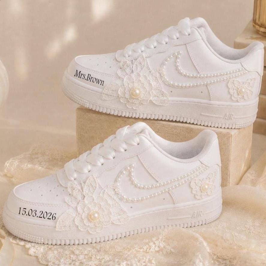 Custom Pearl Lace Floral Wedding Sneakers, Personalized, Air Force One Bridal Sneakers, Elegant Shoes, Prom Sneakers, Gift for Her