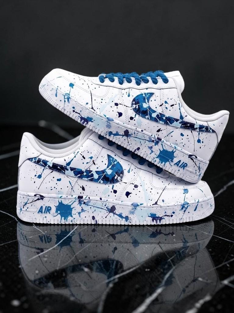 Custom Blue Paint Splatter Sneakers, Hand Painted White Shoes, Abstract Streetwear Sneakers, Personalized Shoes, Unique Gift for Him