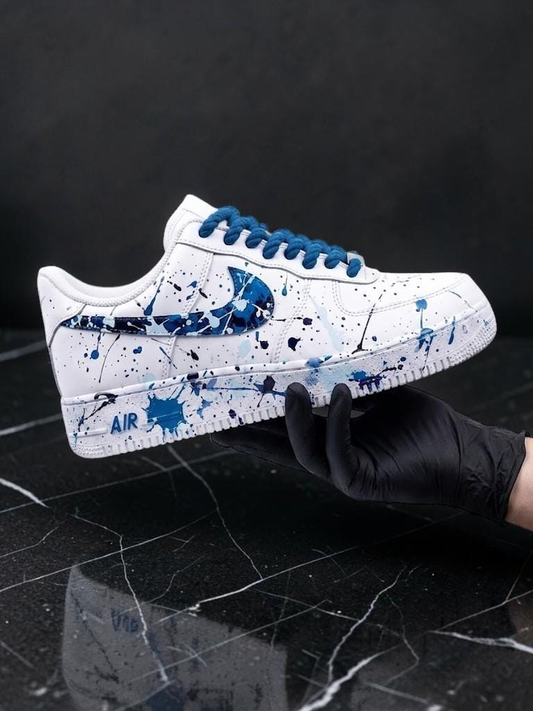 Custom Blue Paint Splatter Sneakers, Hand Painted White Shoes, Abstract Streetwear Sneakers, Personalized Shoes, Unique Gift for Him