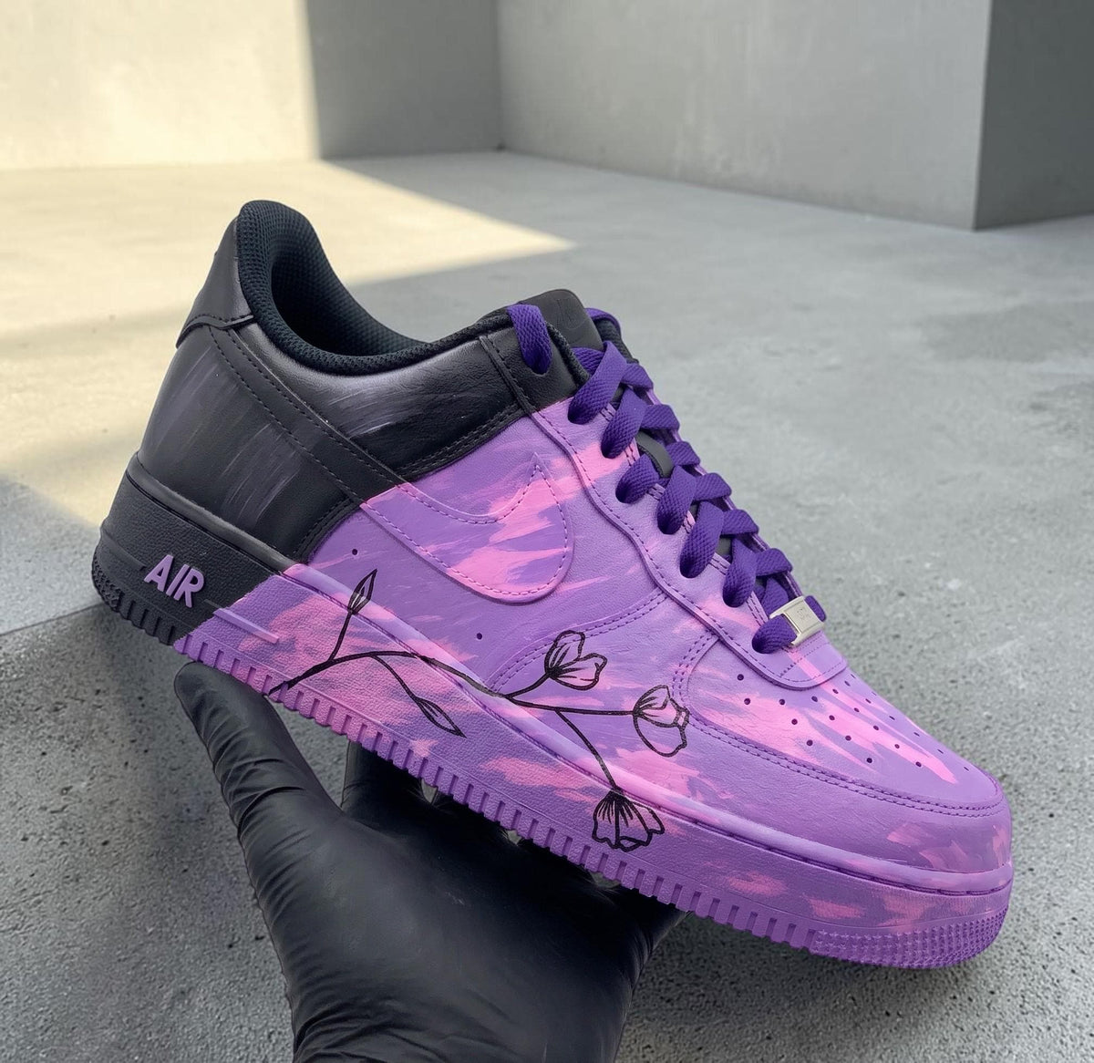 Custom Purple Floral Sneakers, Hand Painted Flower Shoes, Personalized Purple Shoes, Artistic Sneakers, Unique Streetwear Gift
