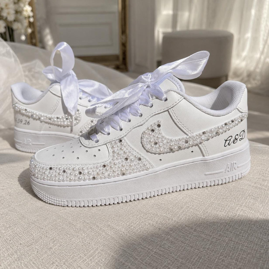 Custom Pearl Rhinestone Bridal Sneakers, Personalized Wedding Shoes (Date & Initials)