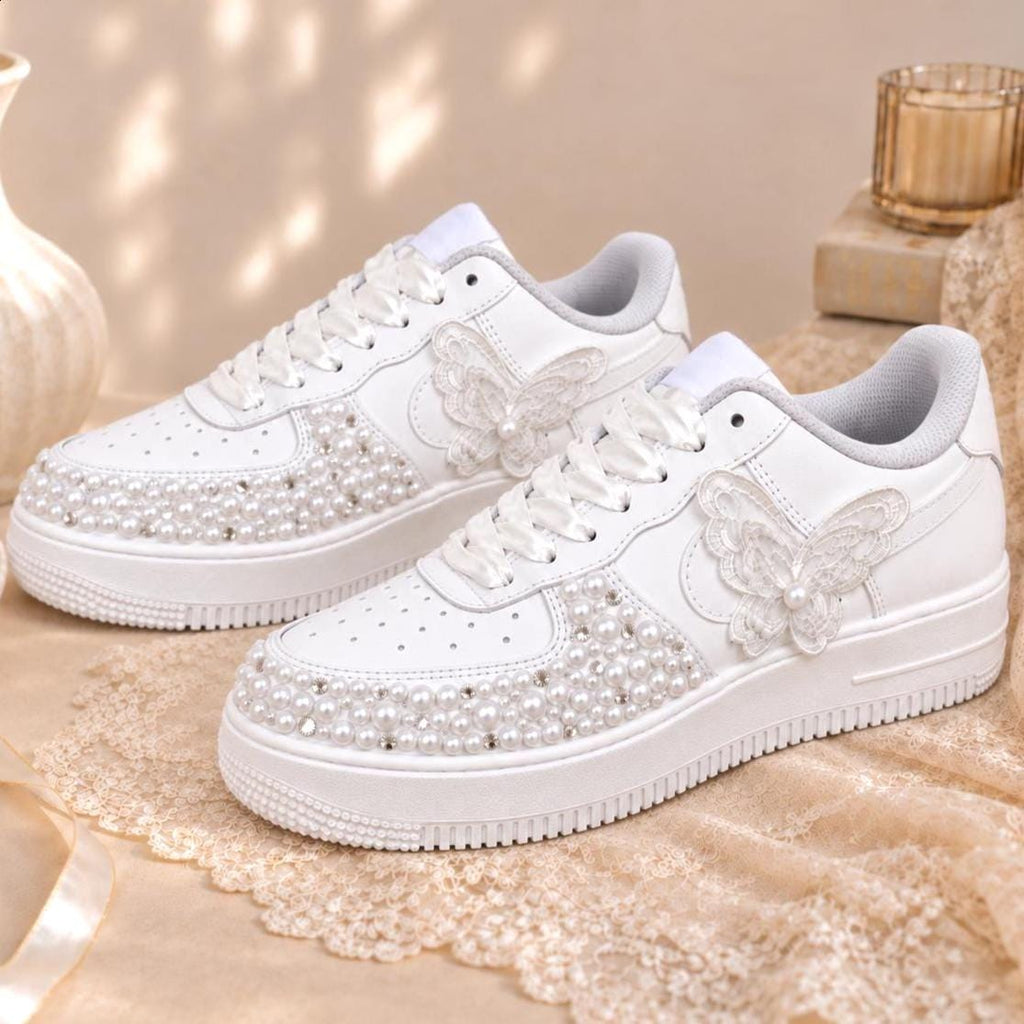 Pearl Air Force One Bridal Sneakers, Personalized Wedding Shoes for Bride, Custom Name and Date, Bridal Shower Gift Bride Reception