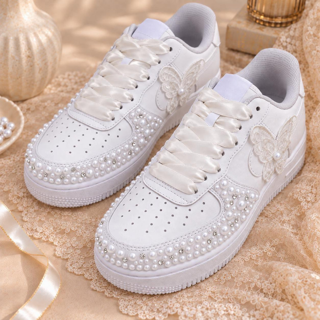 Pearl Air Force One Bridal Sneakers, Personalized Wedding Shoes for Bride, Custom Name and Date, Bridal Shower Gift Bride Reception