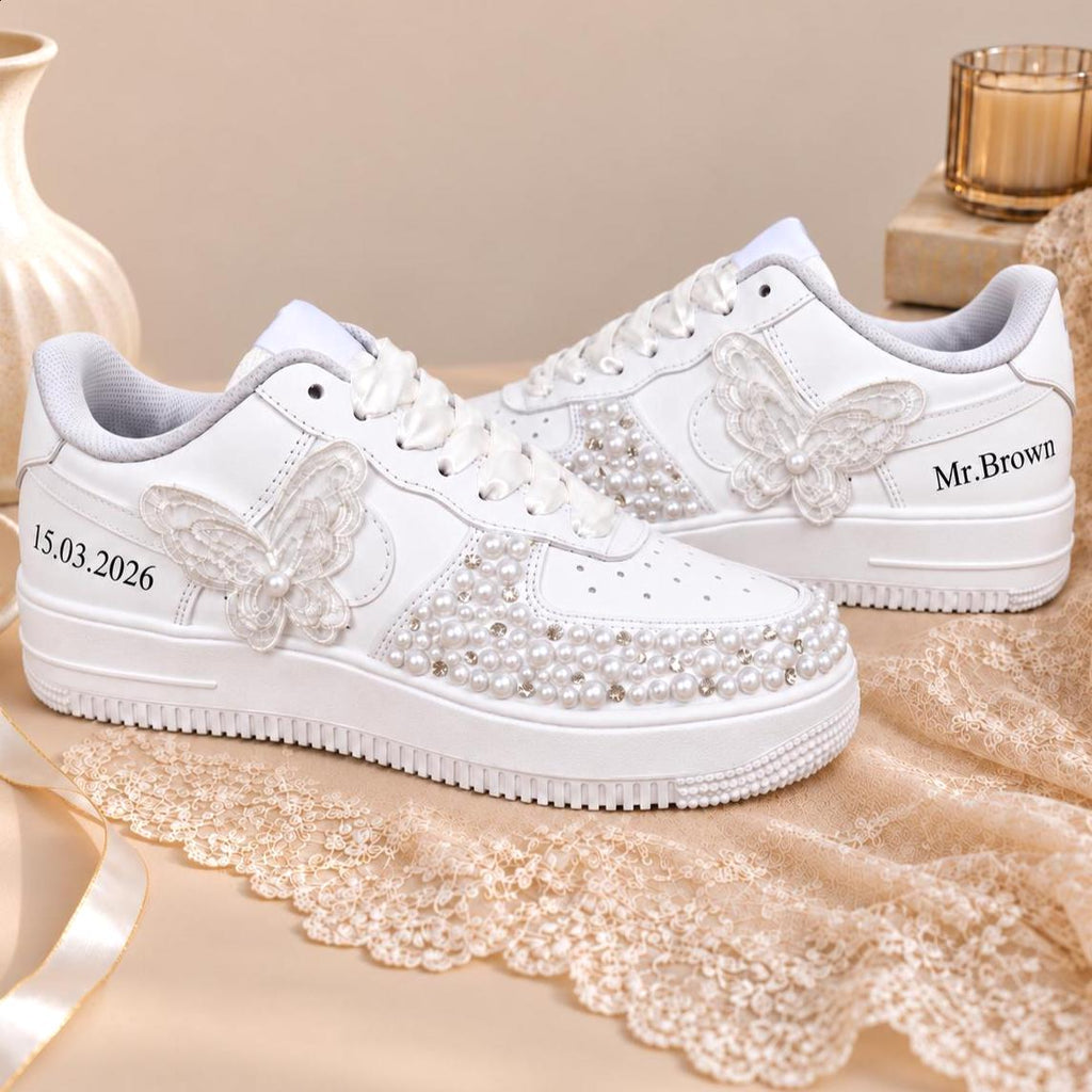 Pearl Air Force One Bridal Sneakers, Personalized Wedding Shoes for Bride, Custom Name and Date, Bridal Shower Gift Bride Reception