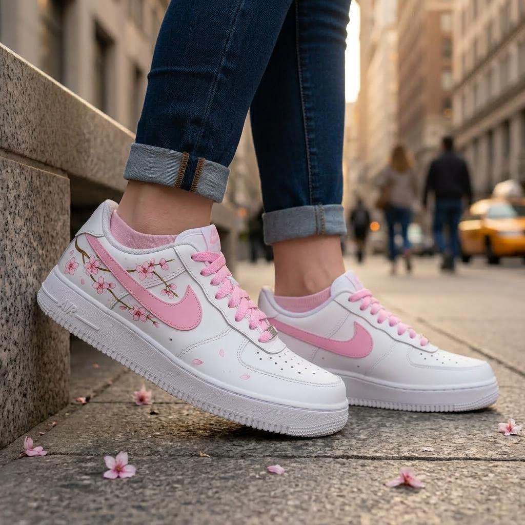 Cherry Blossom Custom Sneakers, Hand Painted Shoes, Pink Floral Design, Sakura Gift for Her