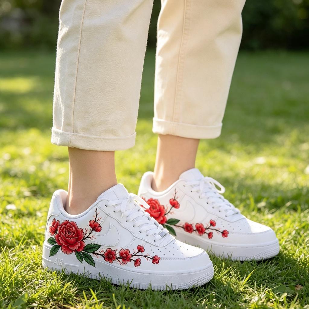 Custom Air Force 1, Red Floral Sneaker, Hand Painted AF1, Cherry Peony Shoe, Feminine Art Gift