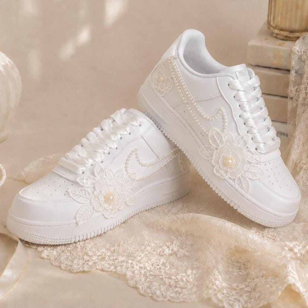 Custom Pearl Lace Floral Wedding Sneakers, Personalized, Air Force One Bridal Sneakers, Elegant Shoes, Prom Sneakers, Gift for Her