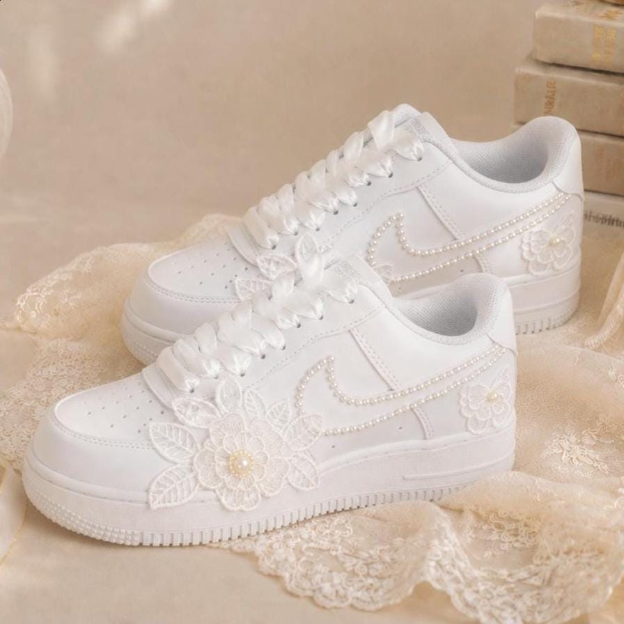 Custom Pearl Lace Floral Wedding Sneakers, Personalized, Air Force One Bridal Sneakers, Elegant Shoes, Prom Sneakers, Gift for Her