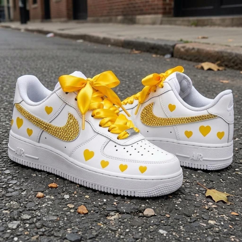 Yellow Custom Sneakers, Rhinestone Shoes, Heart Design, Hand Painted Sneakers, Gift for Her