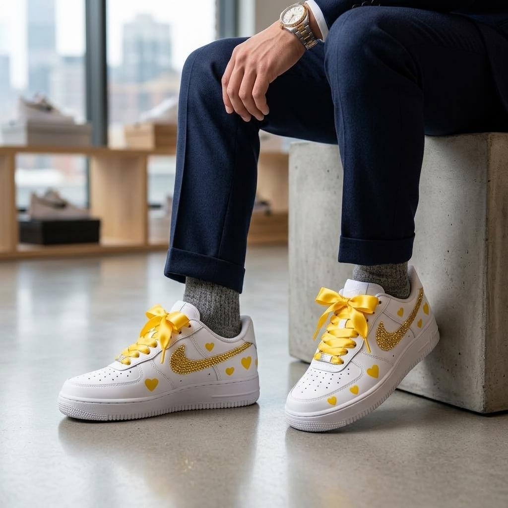 Yellow Custom Sneakers, Rhinestone Shoes, Heart Design, Hand Painted Sneakers, Gift for Her