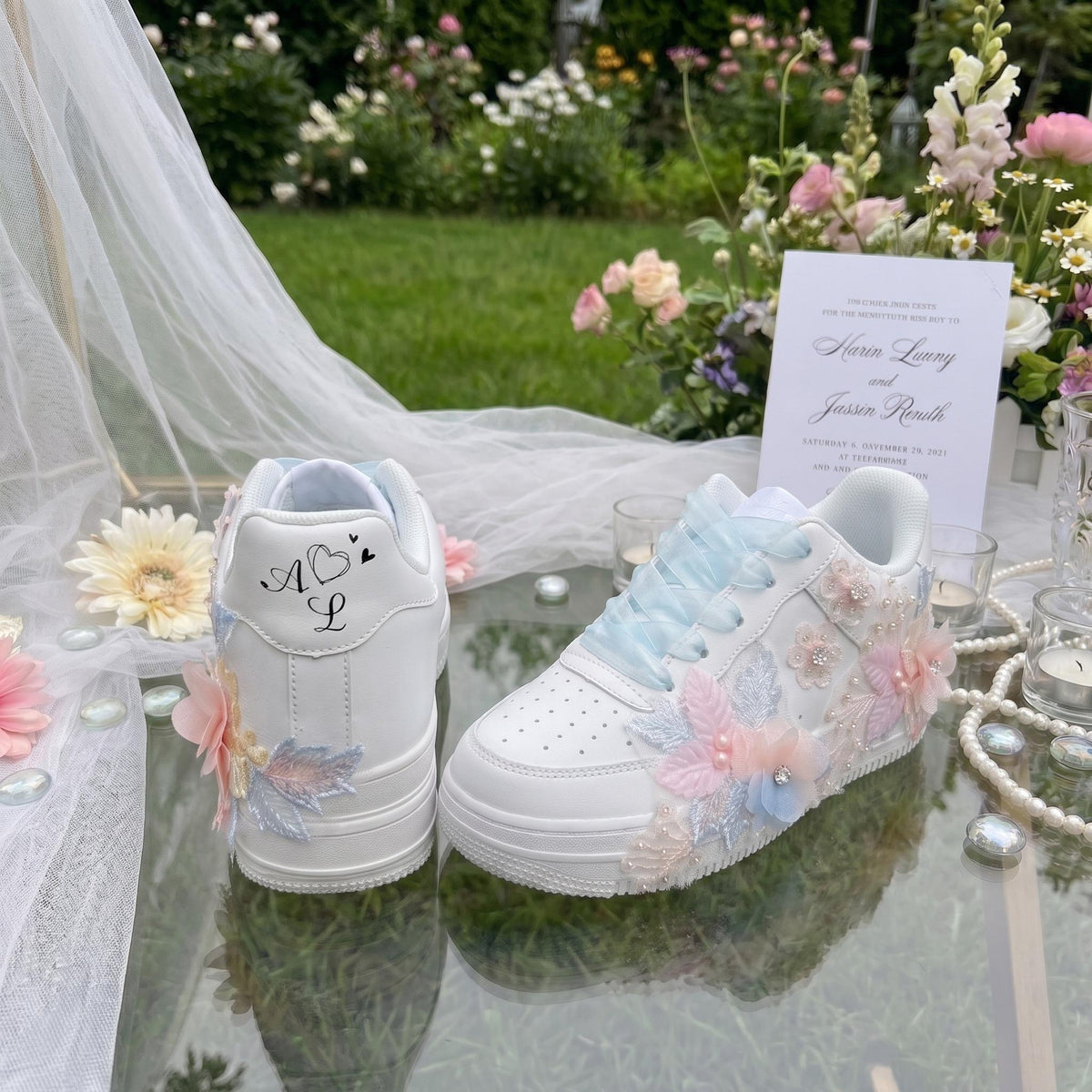 Custom Floral Bridal Platform Sneakers, Pearl Lace Wedding Shoes, Personalized Initials Bride Sneakers, 3D Flower Bridal Trainers