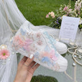 Custom Floral Bridal Platform Sneakers, Pearl Lace Wedding Shoes, Personalized Initials Bride Sneakers, 3D Flower Bridal Trainers