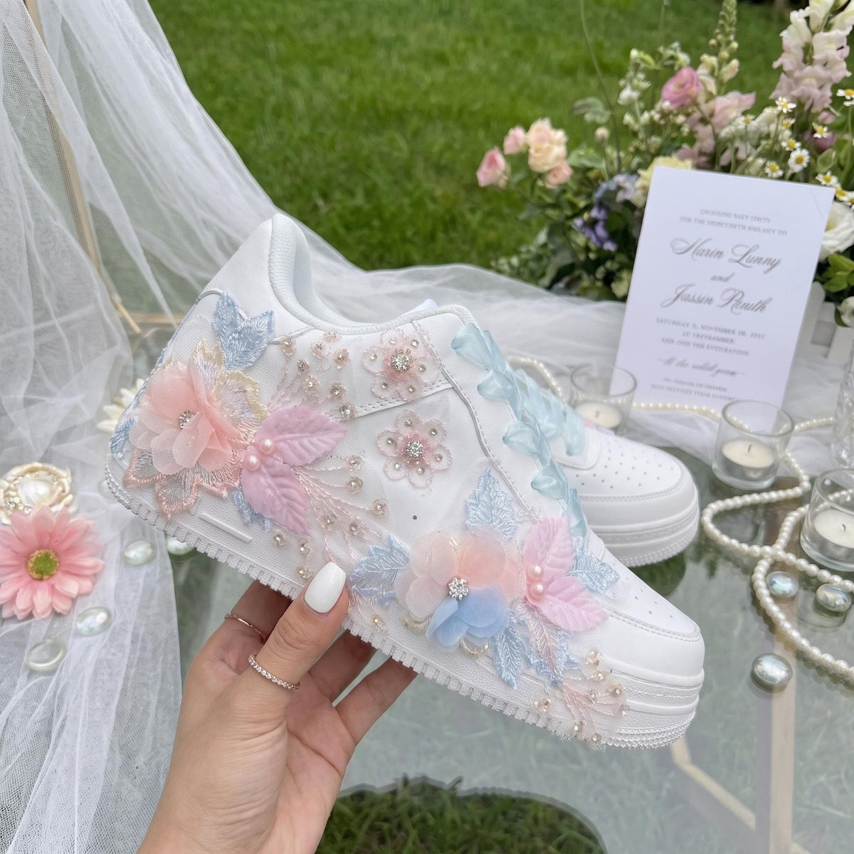 Custom Floral Bridal Platform Sneakers, Pearl Lace Wedding Shoes, Personalized Initials Bride Sneakers, 3D Flower Bridal Trainers
