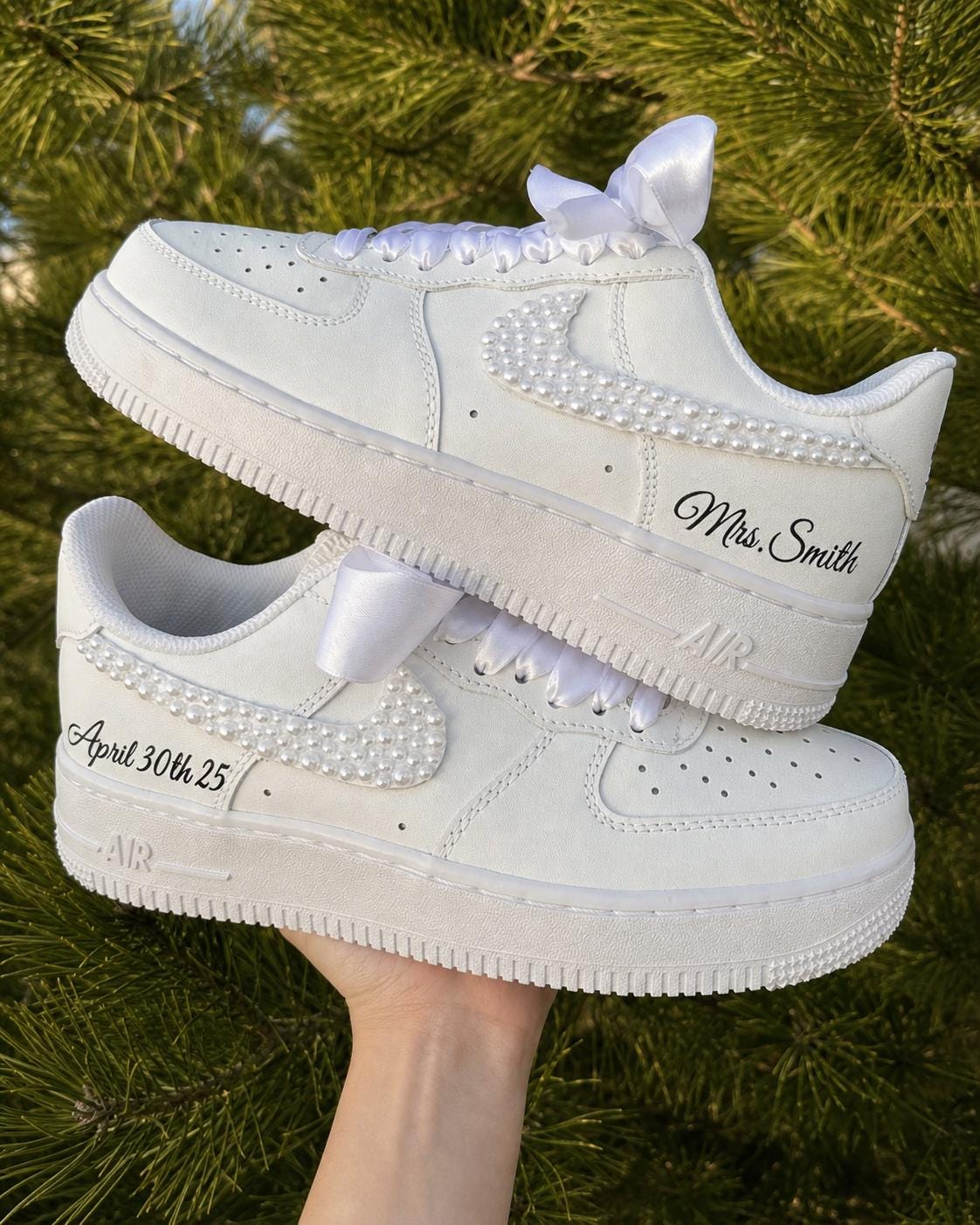 Custom Personalized Pearl AF1 Sneakers, Pearl Bridal Wedding Shoes, Custom Mrs Name Pearl Swoosh Shoes, Personalized Bride Gift for Women