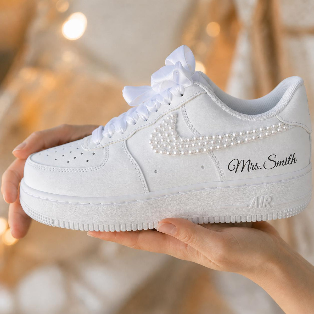Custom Personalized Pearl AF1 Sneakers, Pearl Bridal Wedding Shoes, Custom Mrs Name Pearl Swoosh Shoes, Personalized Bride Gift for Women