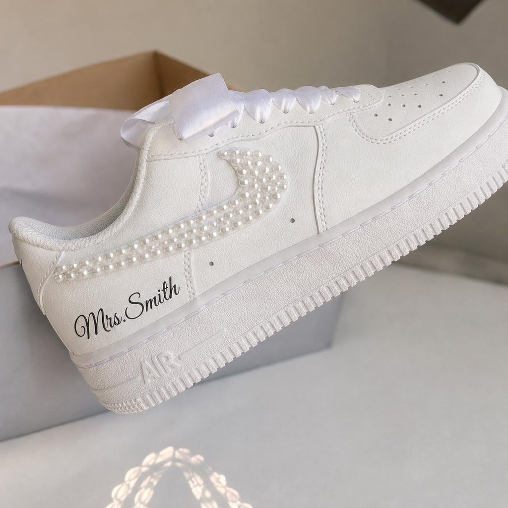 Custom Personalized Pearl AF1 Sneakers, Pearl Bridal Wedding Shoes, Custom Mrs Name Pearl Swoosh Shoes, Personalized Bride Gift for Women