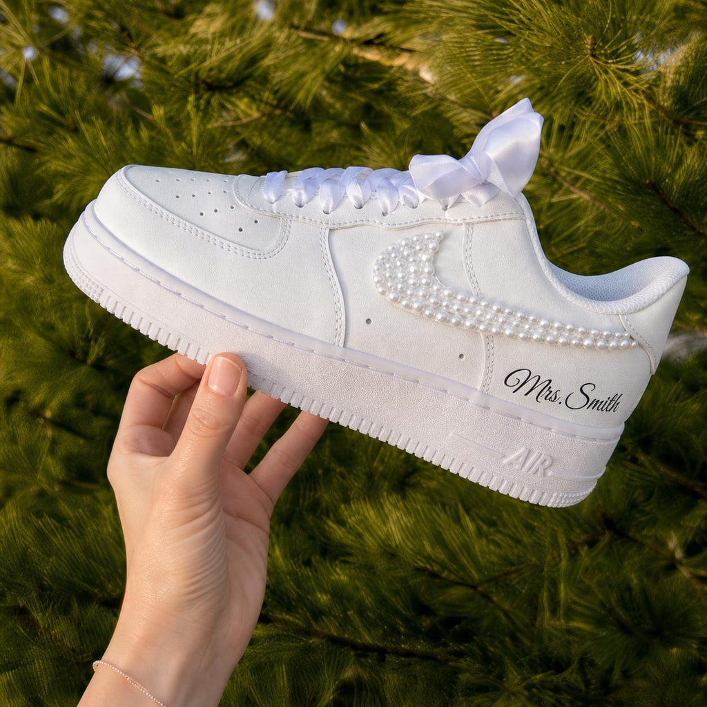 Custom Personalized Pearl AF1 Sneakers, Pearl Bridal Wedding Shoes, Custom Mrs Name Pearl Swoosh Shoes, Personalized Bride Gift for Women