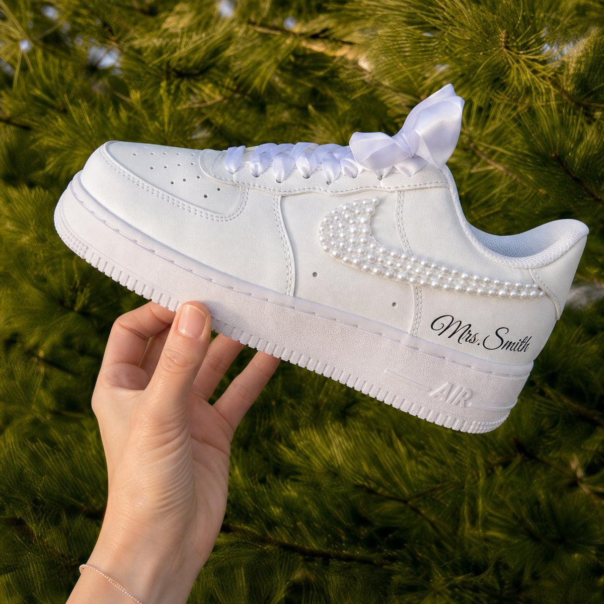 Custom Personalized Pearl AF1 Sneakers, Pearl Bridal Wedding Shoes, Custom Mrs Name Pearl Swoosh Shoes, Personalized Bride Gift for Women