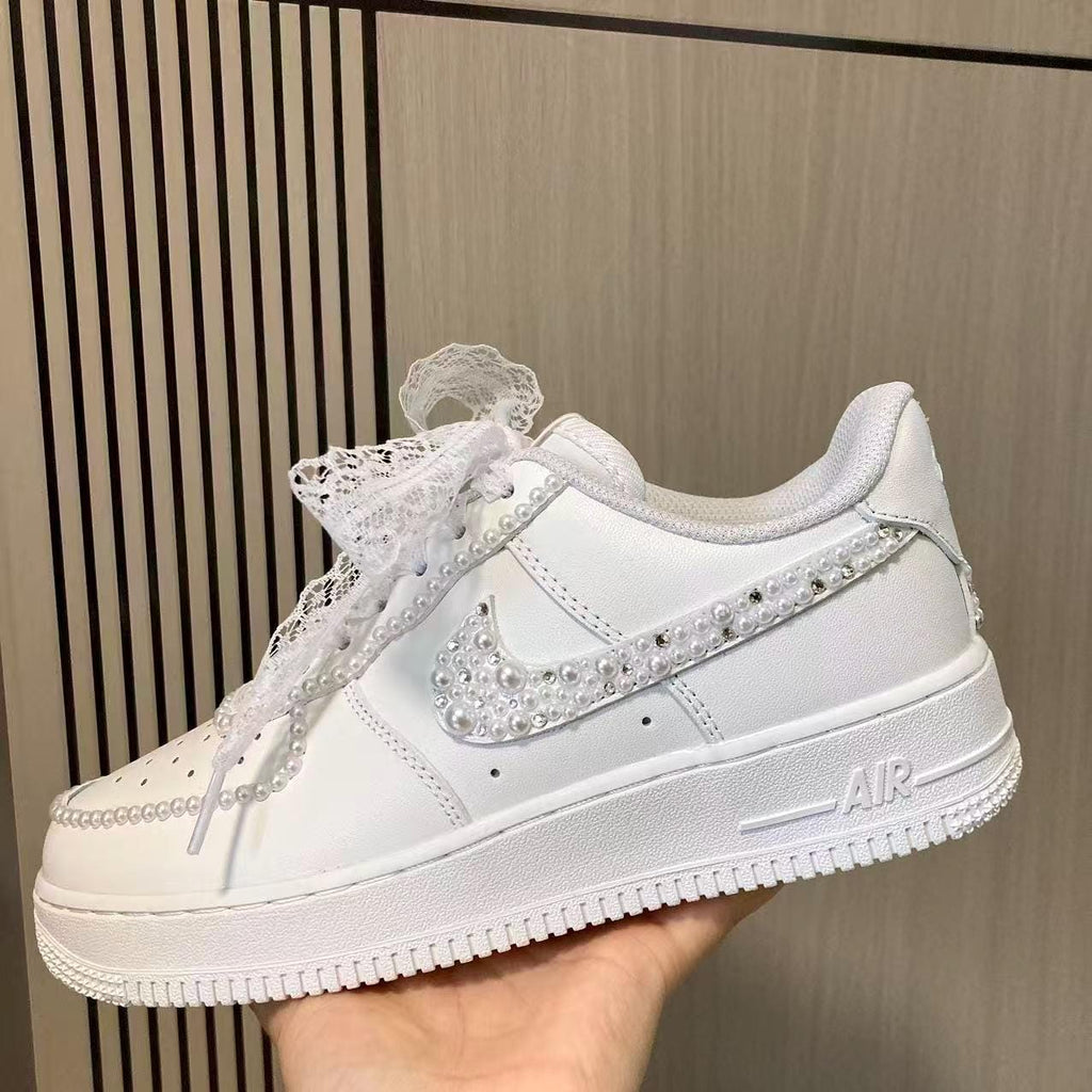 Custom Bride Pearl Edge & Silver Rhinestone Sneakers, Personalized Bride Pearl Sneakers, Bridesmaid and Best Man Gift, Prom Wedding Shoes