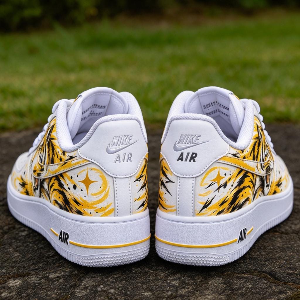 Custom Air Force 1,Tiger Hand Painted Sneakers,Yellow Mismatched Kicks,Anime Style Shoes,Tiger Design Art ,Gift For Him