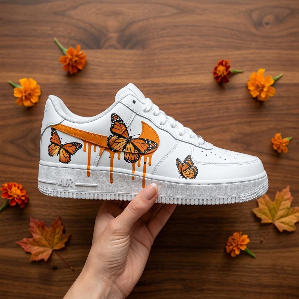 Butterfly Custom AF1, Hand Painted Orange Drip Sneakers, Custom Streetwear Shoes