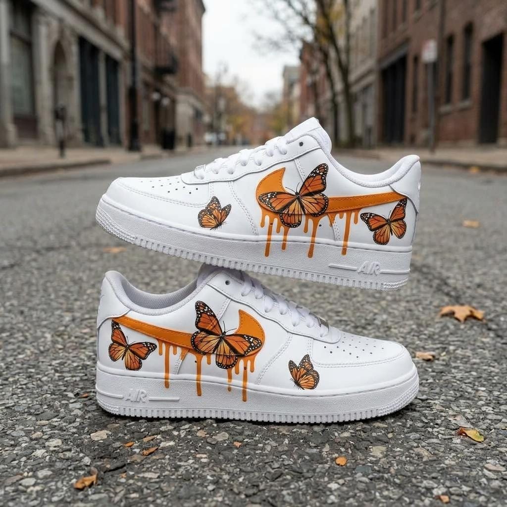 Butterfly Custom AF1, Hand Painted Orange Drip Sneakers, Custom Streetwear Shoes