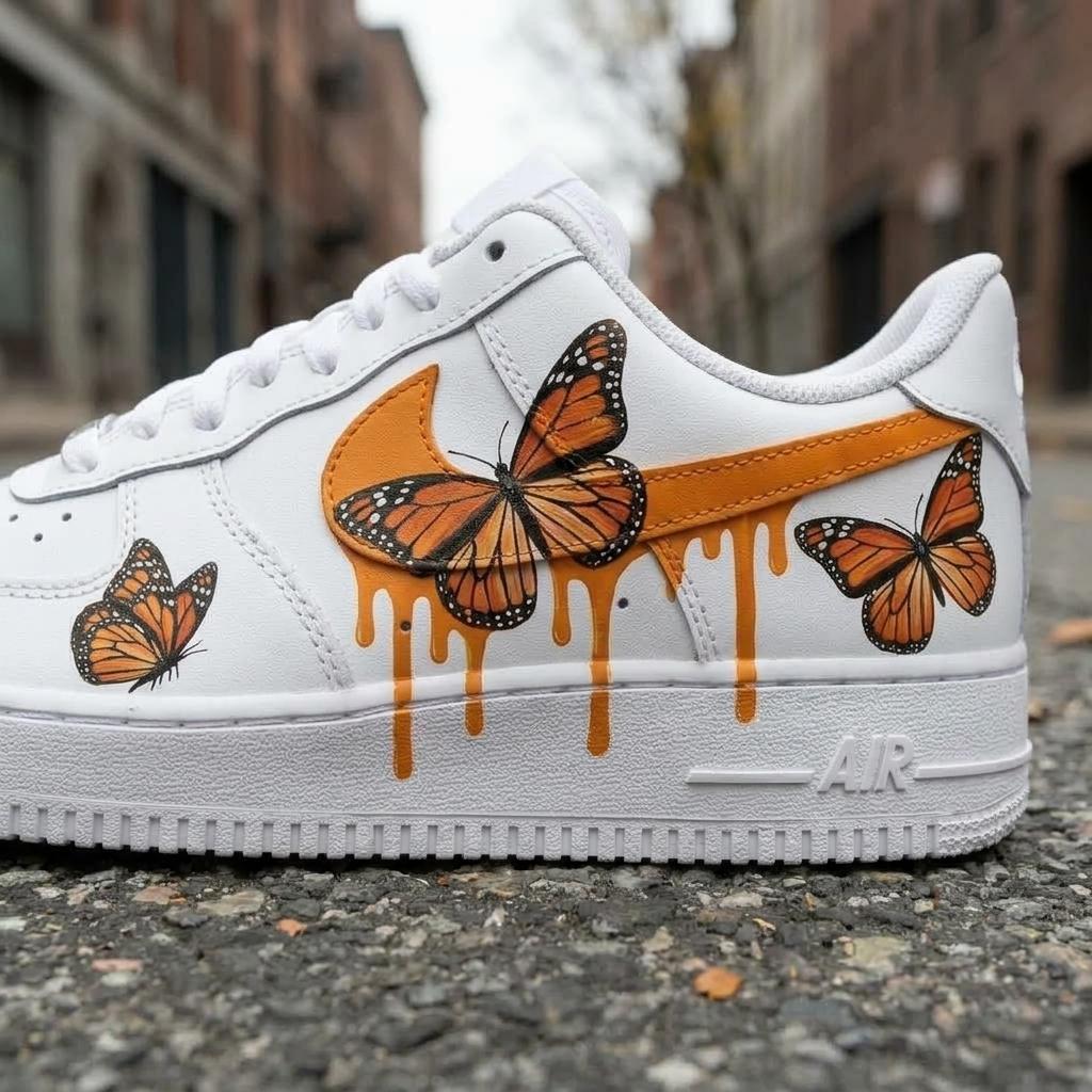 Butterfly Custom AF1, Hand Painted Orange Drip Sneakers, Custom Streetwear Shoes