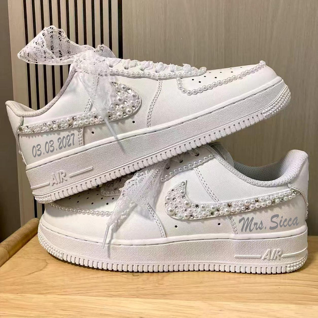 Custom Bride Pearl Edge & Silver Rhinestone Sneakers, Personalized Bride Pearl Sneakers, Bridesmaid and Best Man Gift, Prom Wedding Shoes