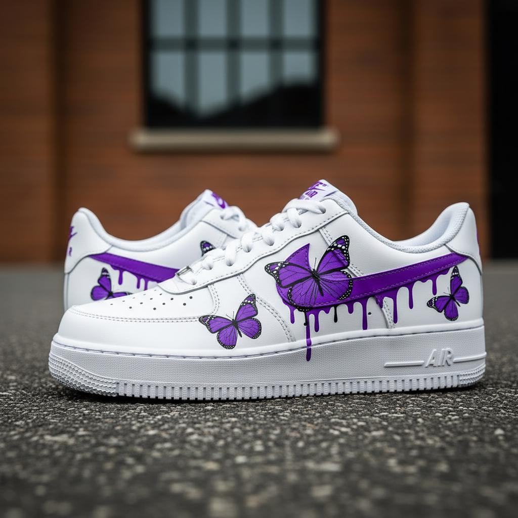 Butterfly Custom AF1, Hand Painted Orange Drip Sneakers, Custom Streetwear Shoes