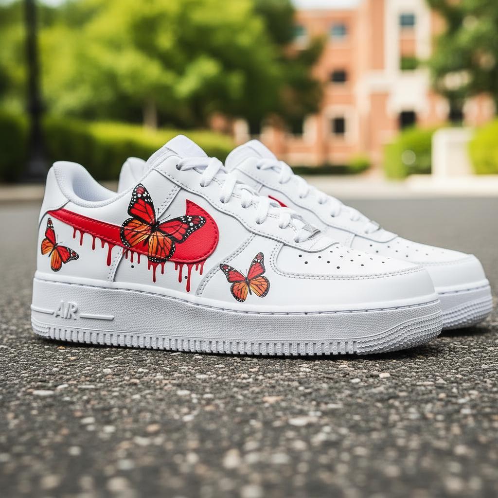 Butterfly Custom AF1, Hand Painted Orange Drip Sneakers, Custom Streetwear Shoes