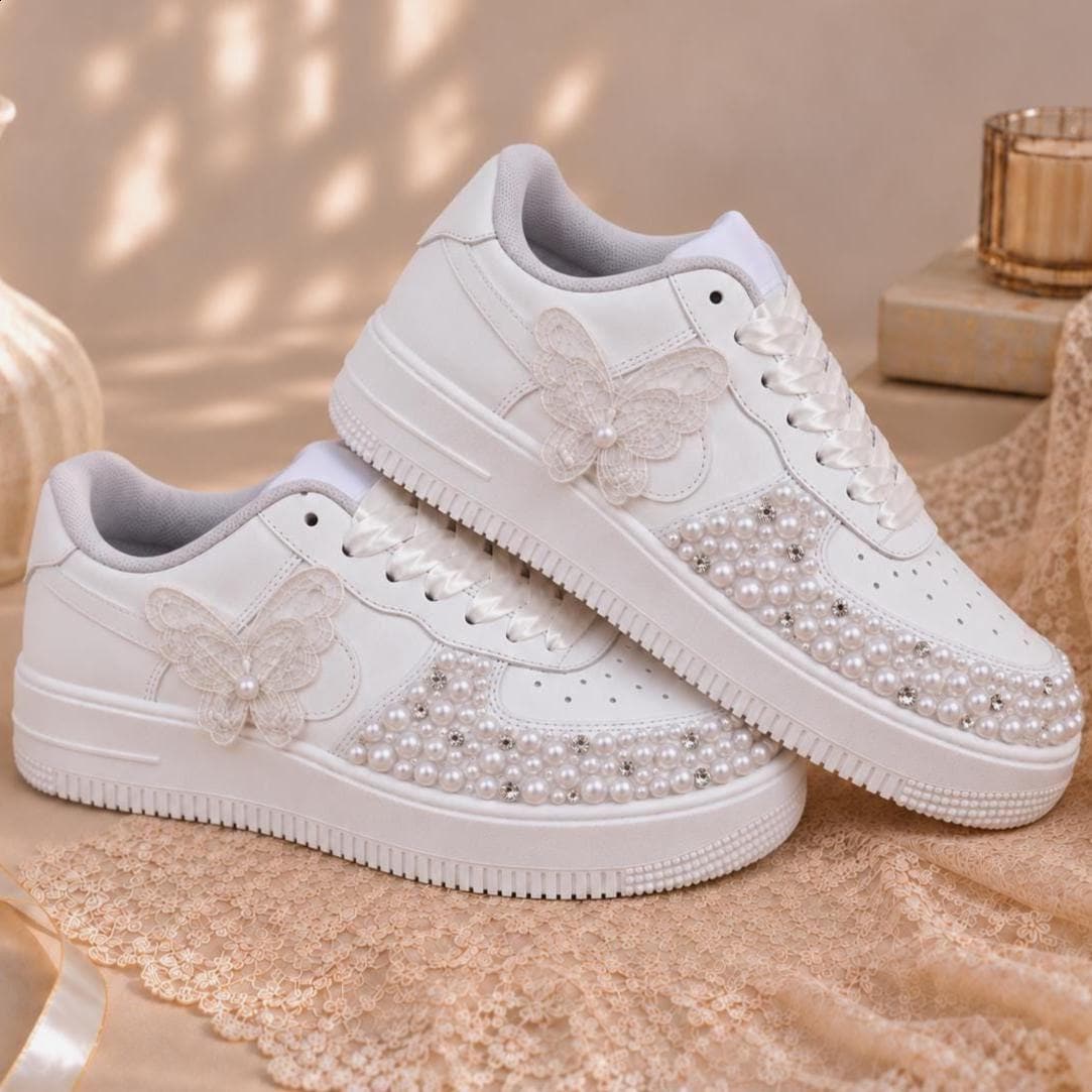 Pearl Air Force One Bridal Sneakers, Personalized Wedding Shoes for Bride, Custom Name and Date, Bridal Shower Gift Bride Reception