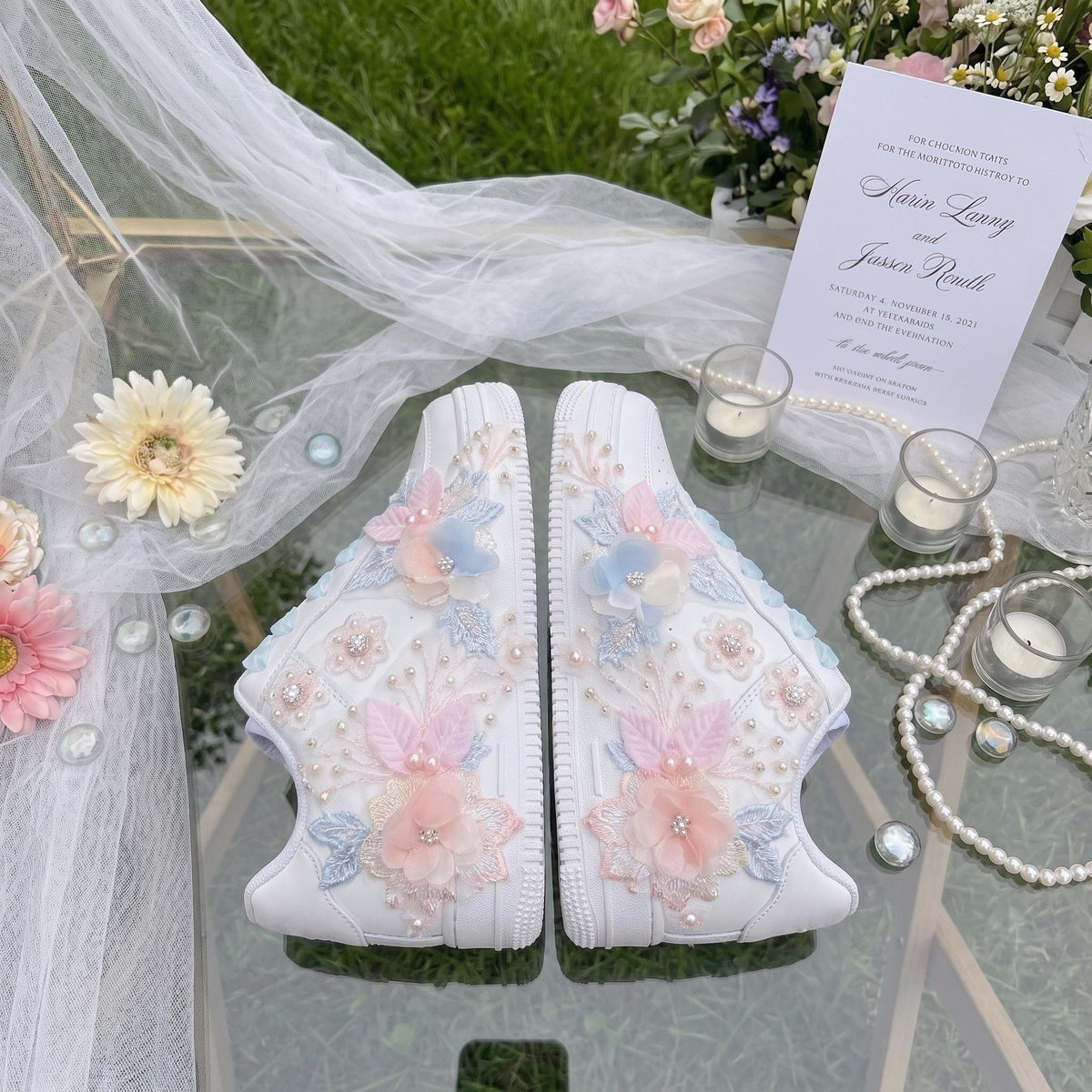 Custom Floral Bridal Platform Sneakers, Pearl Lace Wedding Shoes, Personalized Initials Bride Sneakers, 3D Flower Bridal Trainers