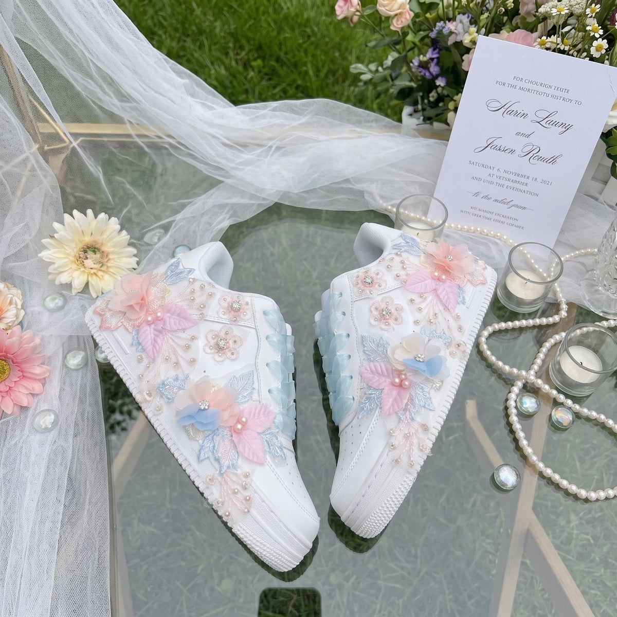 Custom Floral Bridal Platform Sneakers, Pearl Lace Wedding Shoes, Personalized Initials Bride Sneakers, 3D Flower Bridal Trainers