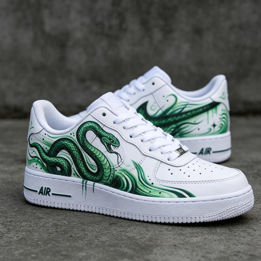 Custom Air Force 1,Green Snake Hand Painted Sneakers, Personalized Streetwear Sneakers,Snake Design Art ,Gift For Men