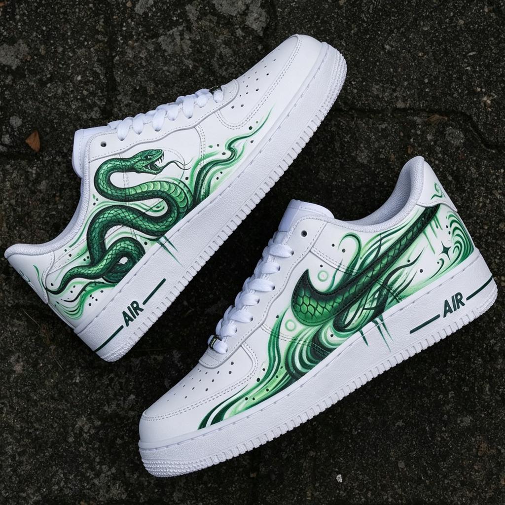 Custom Air Force 1,Green Snake Hand Painted Sneakers, Personalized Streetwear Sneakers,Snake Design Art ,Gift For Men