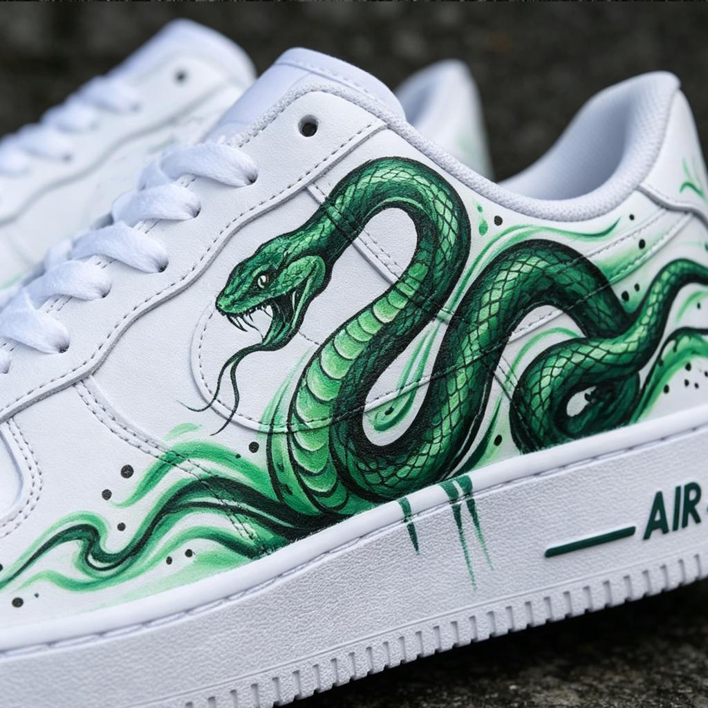Custom Air Force 1,Green Snake Hand Painted Sneakers, Personalized Streetwear Sneakers,Snake Design Art ,Gift For Men