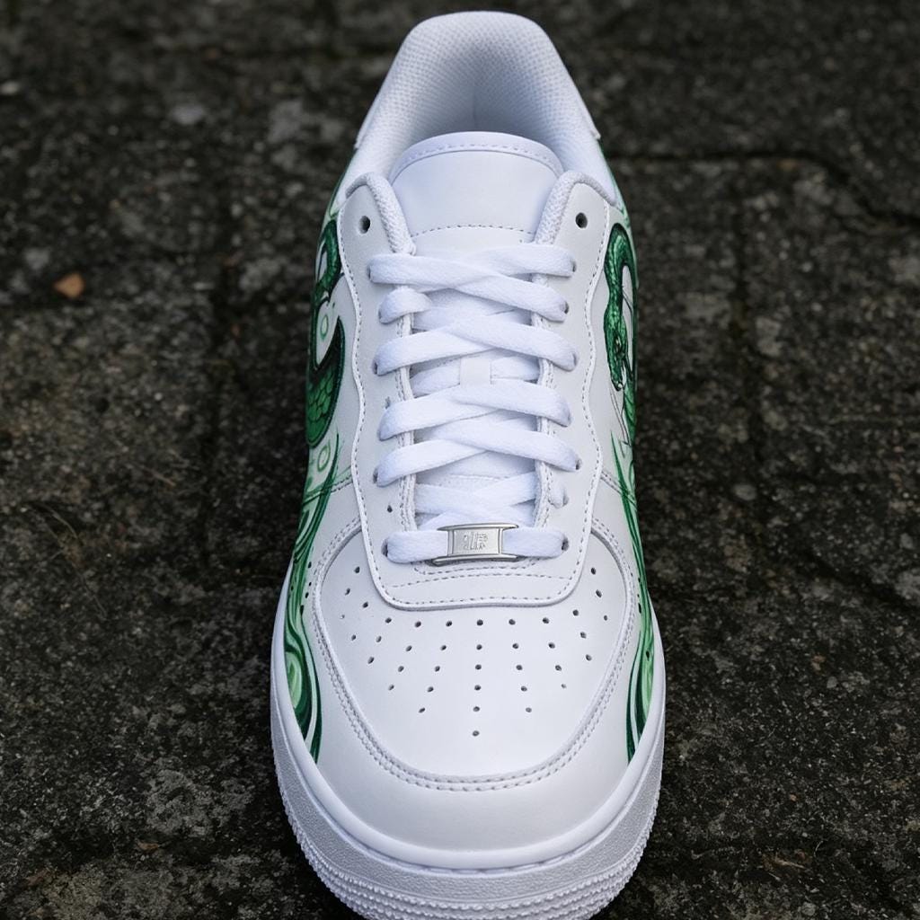 Custom Air Force 1,Green Snake Hand Painted Sneakers, Personalized Streetwear Sneakers,Snake Design Art ,Gift For Men