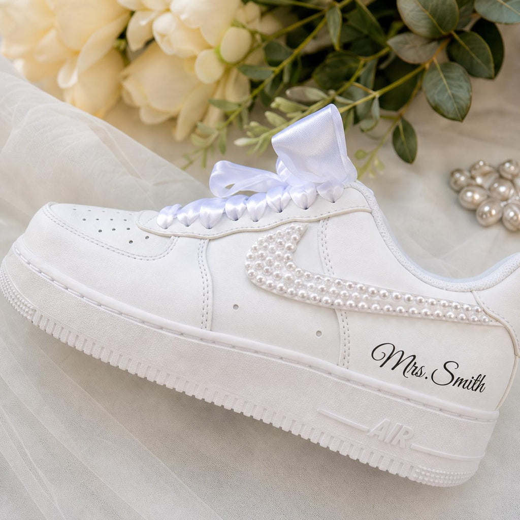 Custom Personalized Pearl AF1 Sneakers, Pearl Bridal Wedding Shoes, Custom Mrs Name Pearl Swoosh Shoes, Personalized Bride Gift for Women