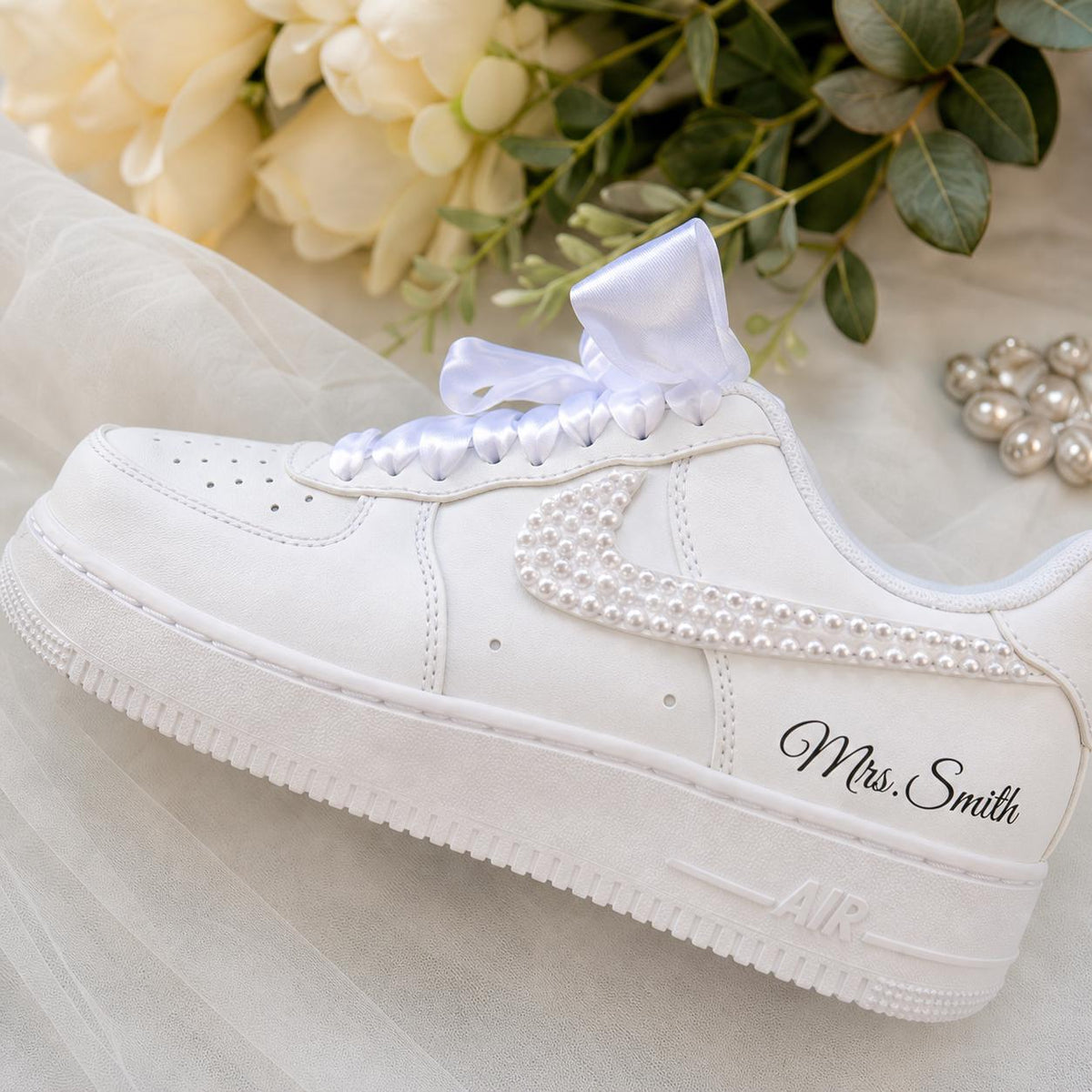 Custom Personalized Pearl AF1 Sneakers, Pearl Bridal Wedding Shoes, Custom Mrs Name Pearl Swoosh Shoes, Personalized Bride Gift for Women