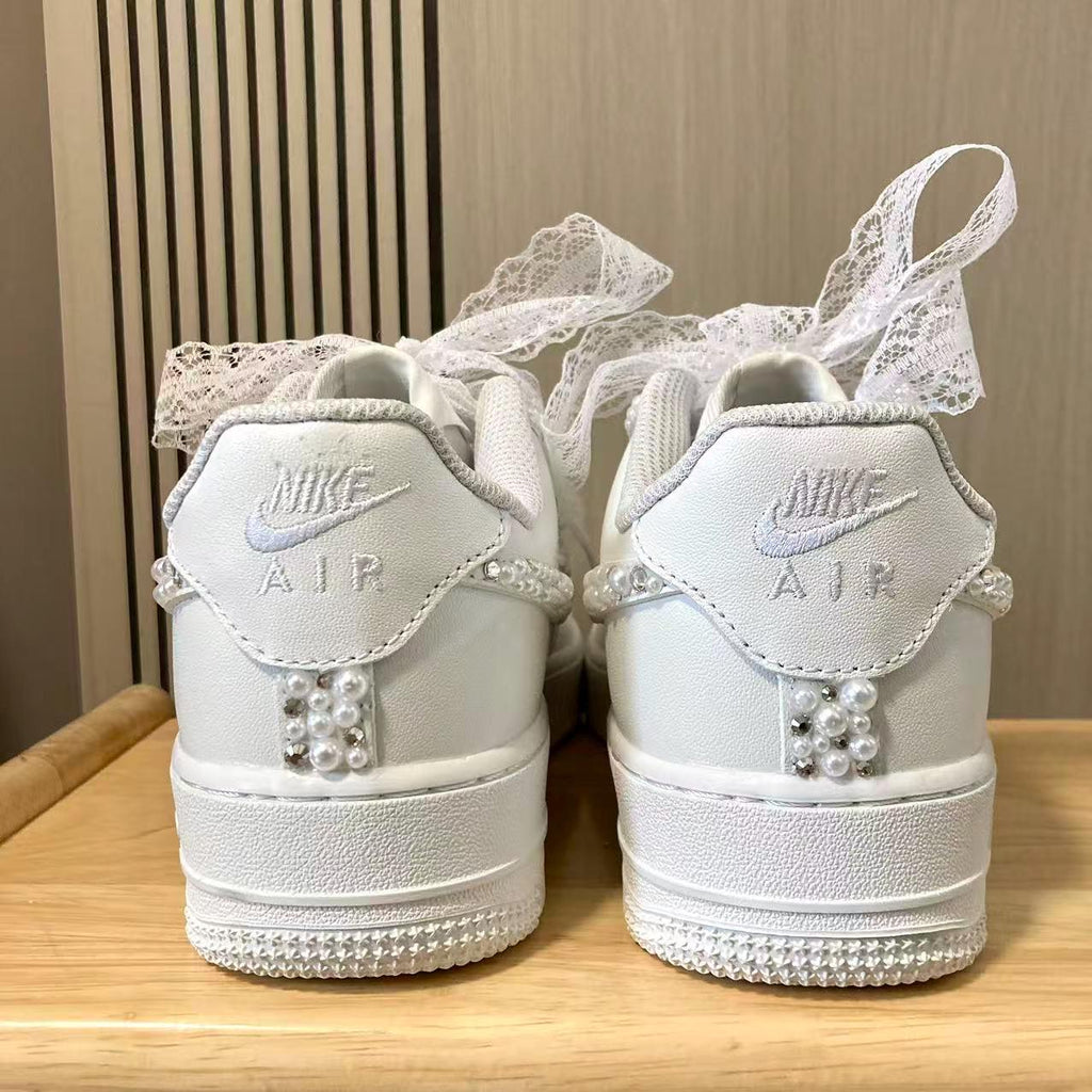Custom Bride Pearl Edge & Silver Rhinestone Sneakers, Personalized Bride Pearl Sneakers, Bridesmaid and Best Man Gift, Prom Wedding Shoes