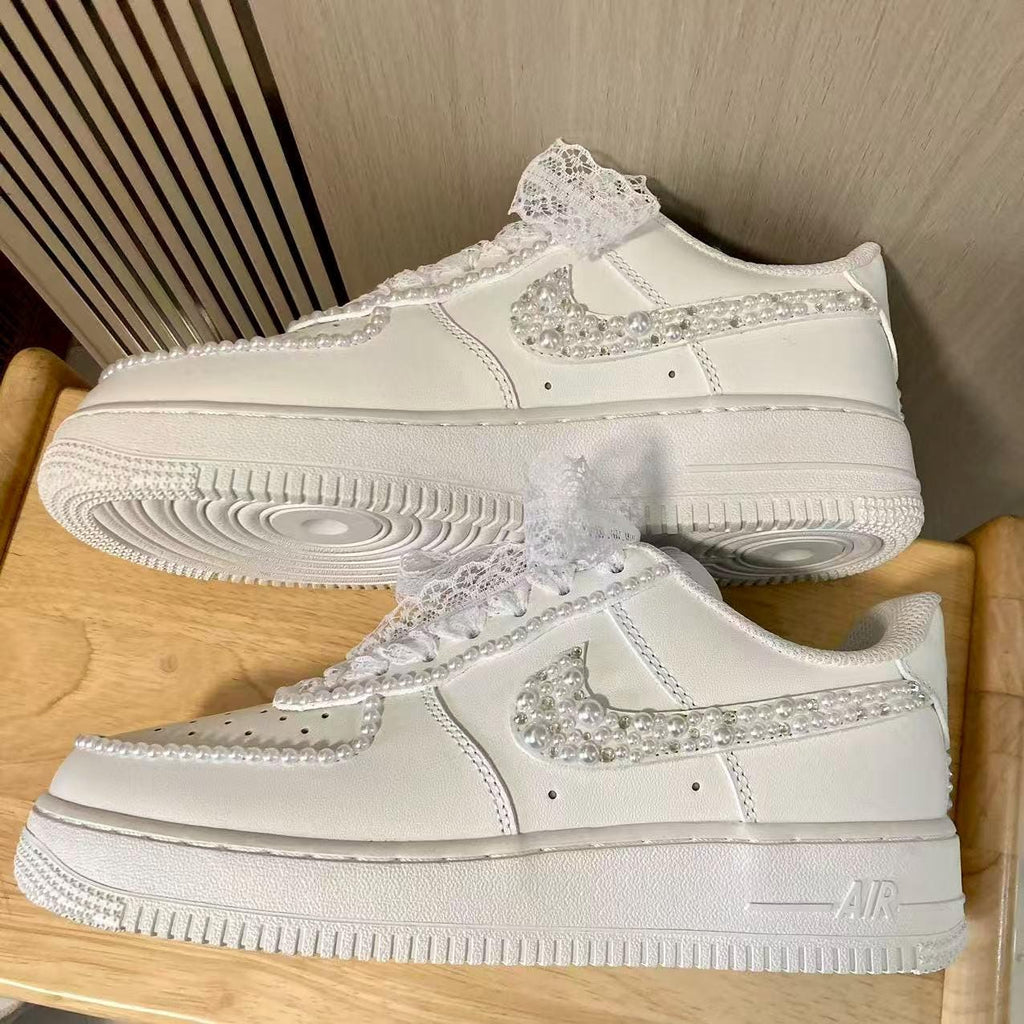 Custom Bride Pearl Edge & Silver Rhinestone Sneakers, Personalized Bride Pearl Sneakers, Bridesmaid and Best Man Gift, Prom Wedding Shoes