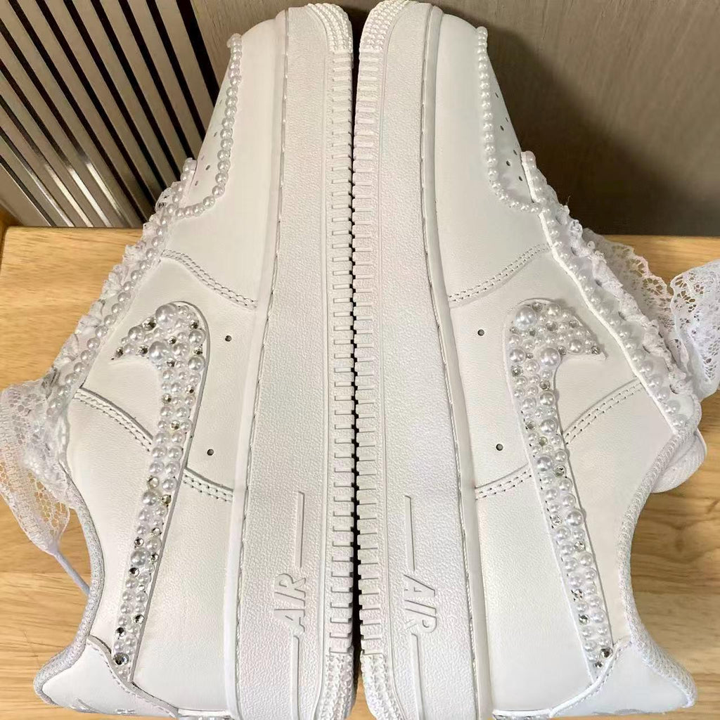 Custom Bride Pearl Edge & Silver Rhinestone Sneakers, Personalized Bride Pearl Sneakers, Bridesmaid and Best Man Gift, Prom Wedding Shoes