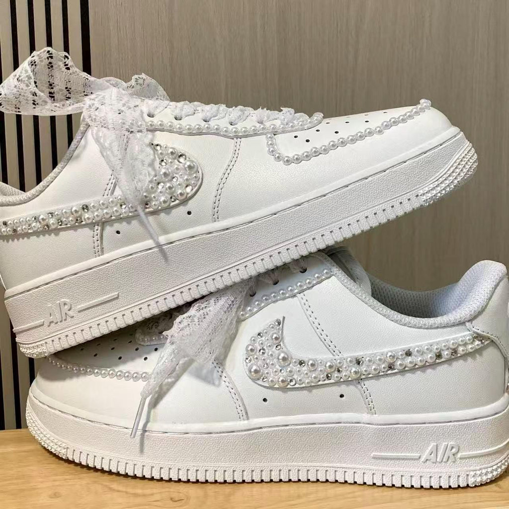 Custom Bride Pearl Edge & Silver Rhinestone Sneakers, Personalized Bride Pearl Sneakers, Bridesmaid and Best Man Gift, Prom Wedding Shoes