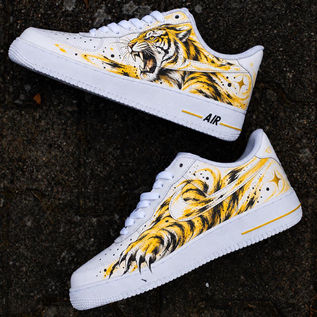 Custom Air Force 1,Tiger Hand Painted Sneakers,Yellow Mismatched Kicks,Anime Style Shoes,Tiger Design Art ,Gift For Him