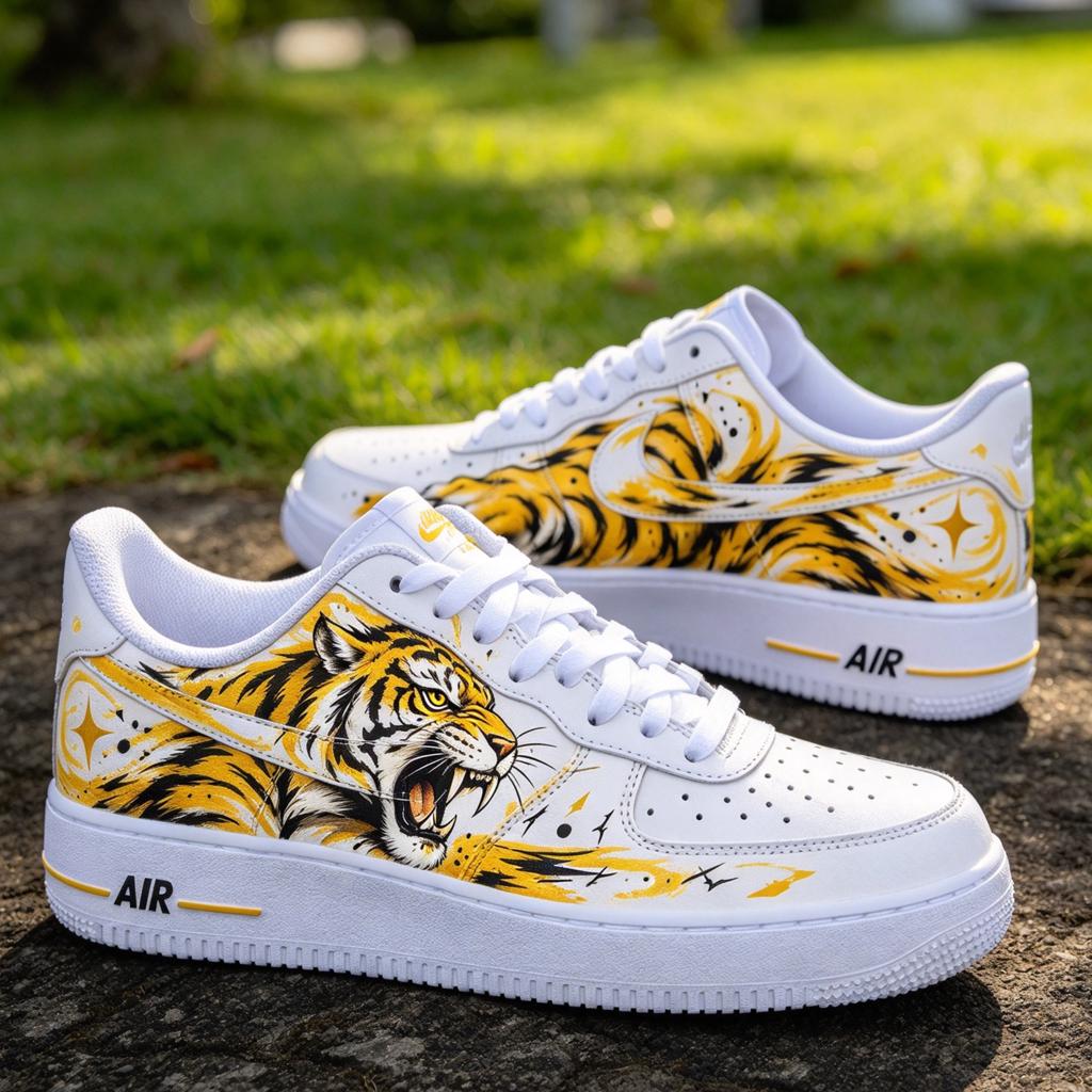 Custom Air Force 1,Tiger Hand Painted Sneakers,Yellow Mismatched Kicks,Anime Style Shoes,Tiger Design Art ,Gift For Him