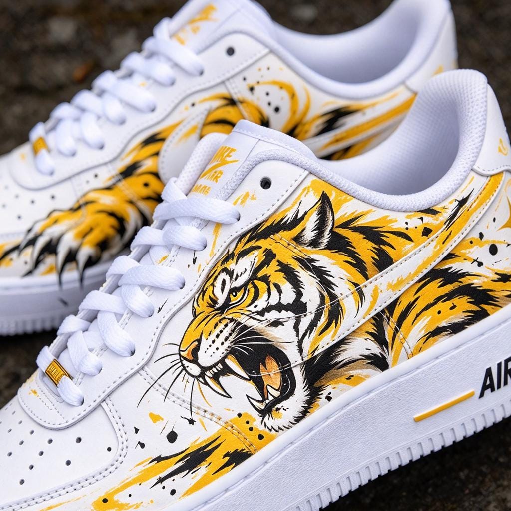 Custom Air Force 1,Tiger Hand Painted Sneakers,Yellow Mismatched Kicks,Anime Style Shoes,Tiger Design Art ,Gift For Him