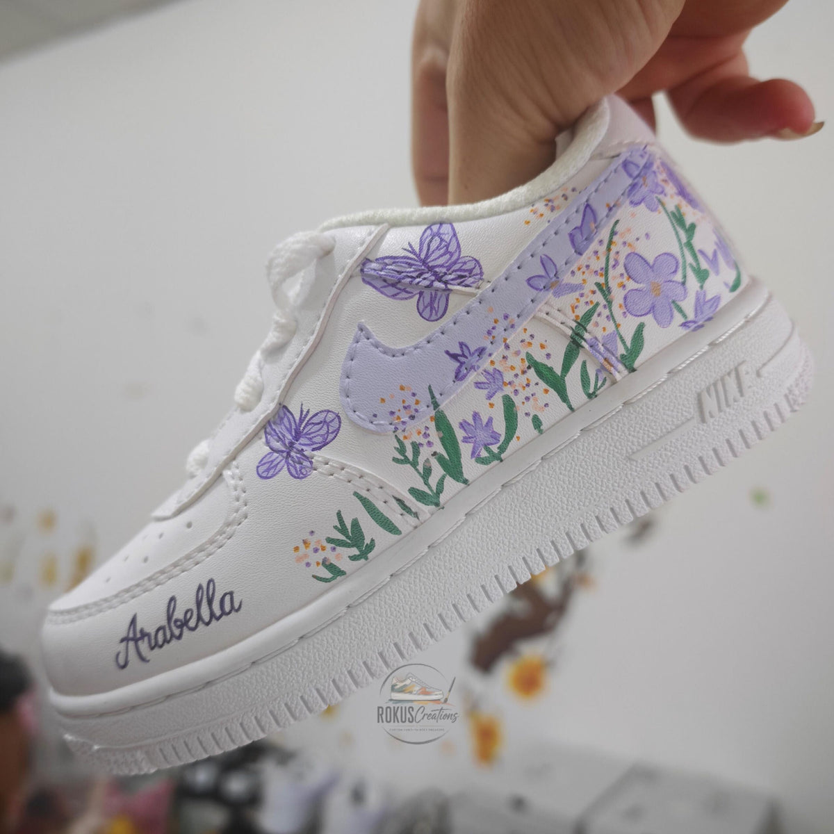 Custom Air Force 1 Lavender Butterfly Floral Sneakers, Hand Painted AF1 Shoes, Personalized Purple Flower Shoes