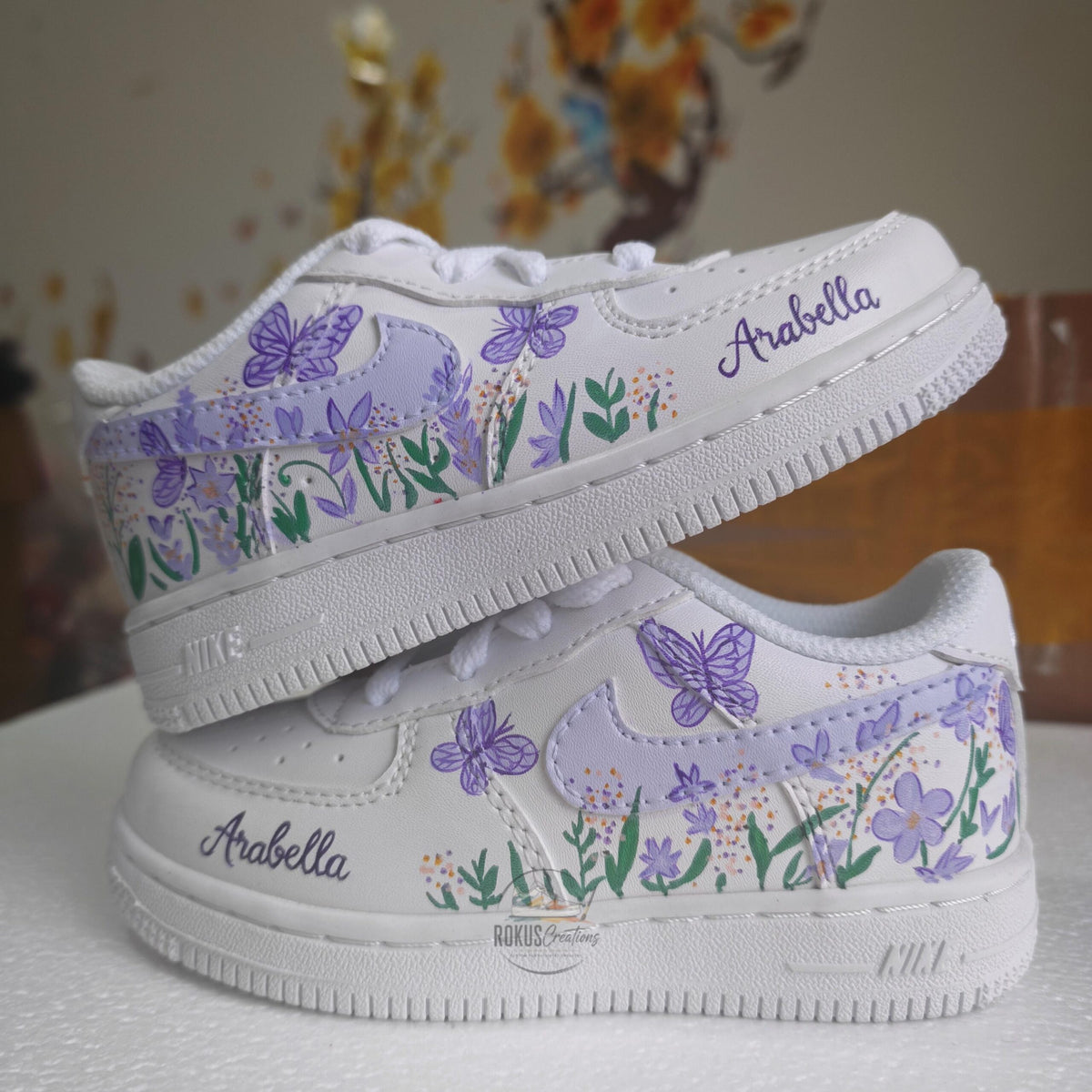 Custom Air Force 1 Lavender Butterfly Floral Sneakers, Hand Painted AF1 Shoes, Personalized Purple Flower Shoes