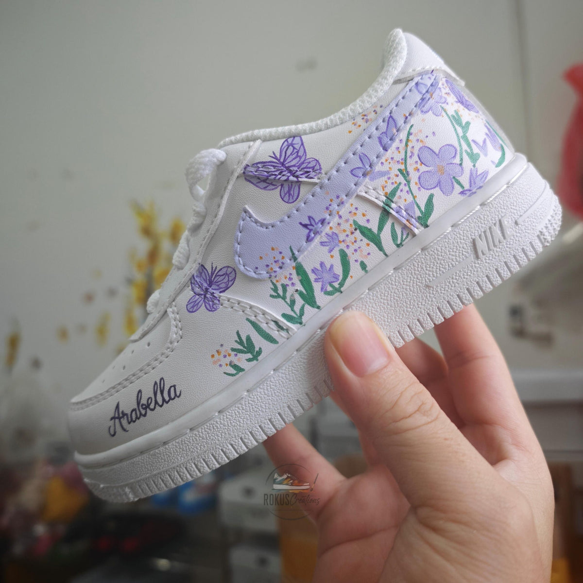 Custom Air Force 1 Lavender Butterfly Floral Sneakers, Hand Painted AF1 Shoes, Personalized Purple Flower Shoes