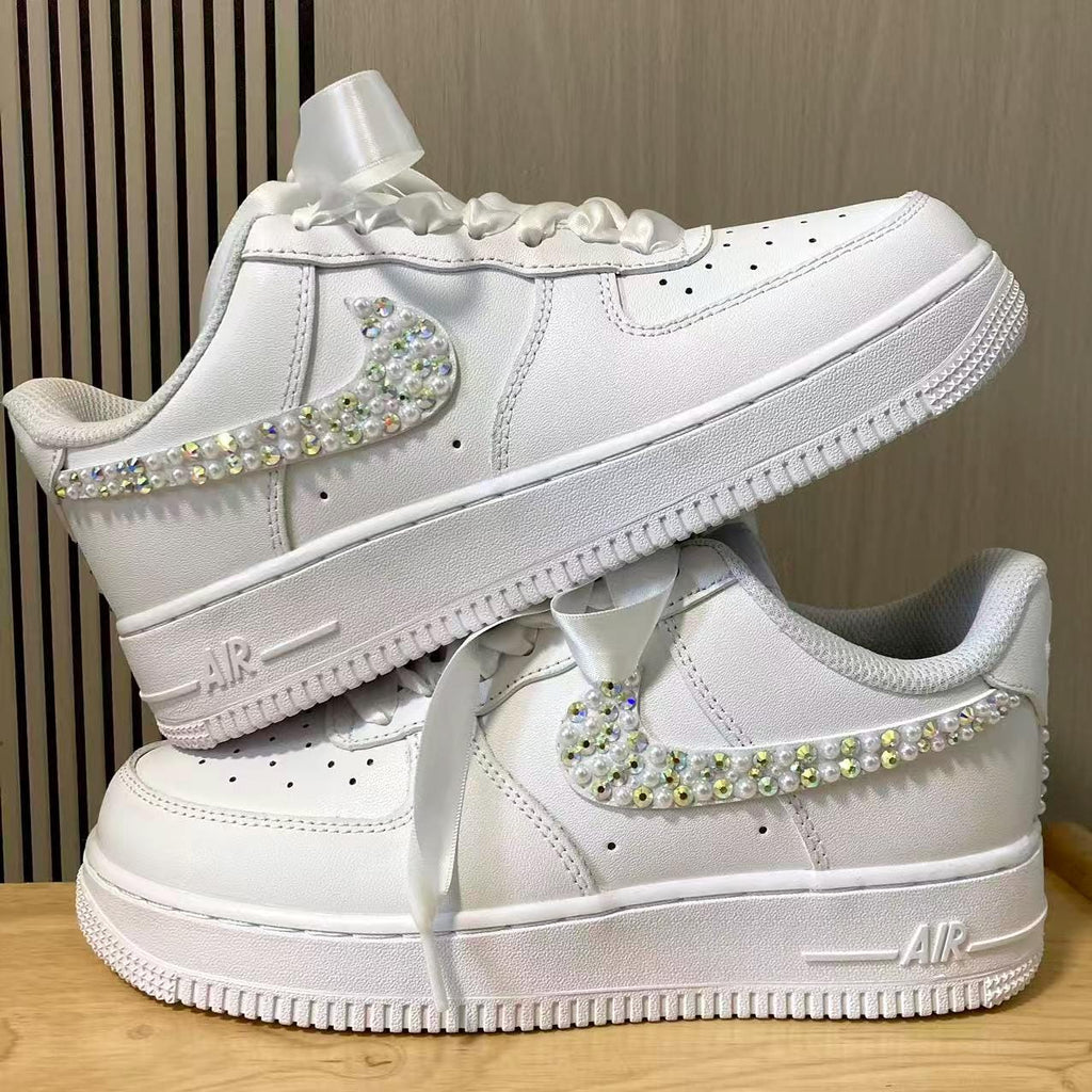 Custom Bride Pearl & Iridescent Rhinestone Sneakers, Personalized Bride Pearl Sneakers, Bridesmaid and Best Man Gift, Prom Wedding Shoes